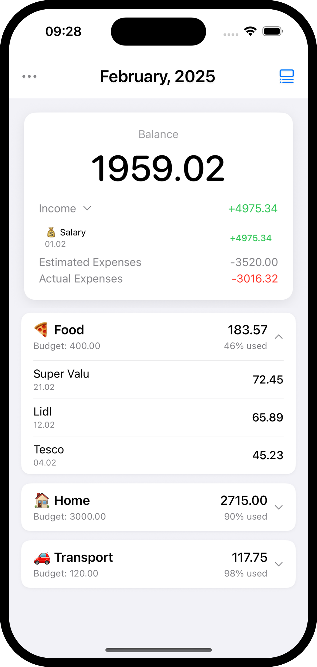 Bdgt app interface showing monthly budget overview with categories like Food, Transport, and Home expenses